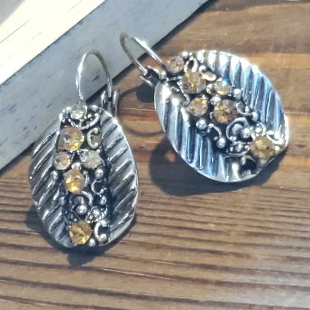 Vintage Amber Color Crystals Antique Silver Art Nouveau Style Leverback Earrings